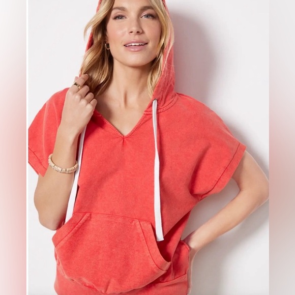 Evereve Tricia Short Sleeve Hoodie Sweatshirt in red wash, Size Small - Picture 1 of 7
